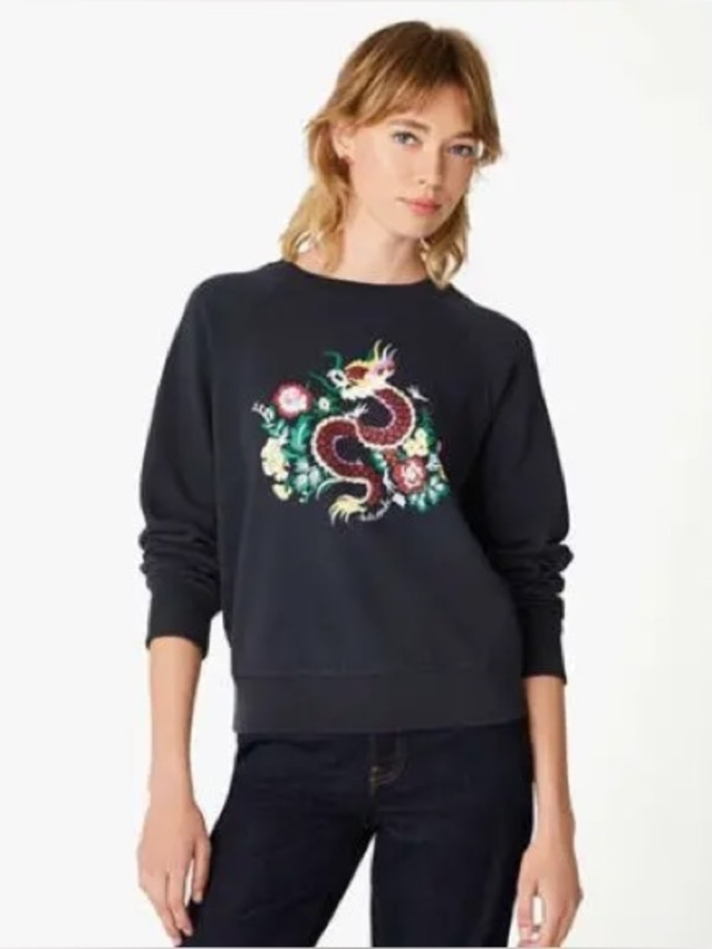 Kate Spade Floral Dragon Sweatshirt Large Lunar New Year Navy Blue Charcoal Gray